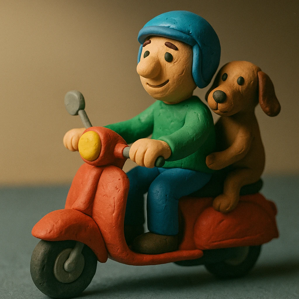 man and his pet dog riding a vespa emoji
