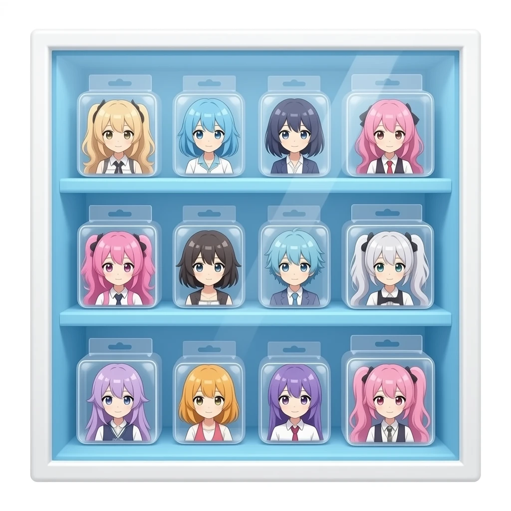 展柜里陈列动漫周边，要求现实、写实，以蓝色粉色为主 emoji