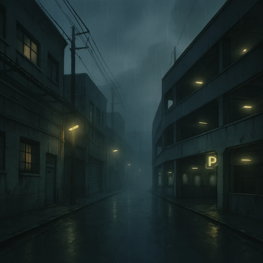 a dark, drab industrial street, dim lights, thick fog and rain. no cars. parking structure. pre-twilight gray. dystopian futurepunk, but the streets are clean emoji