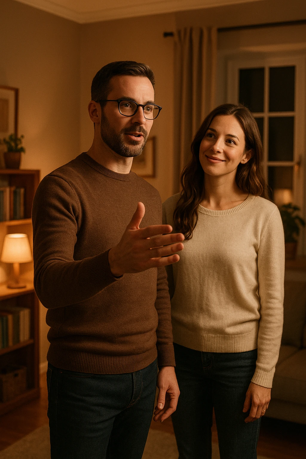 a woman stands slightly behind a man in a domestic setting, looking at him con fiducia e attesa. Il man is upright, with a confident and decisive posture, gently gesturing as if giving direction. The woman’s body language is relaxed and receptive, showing that she trusts and follows his lead. The background is warm and softly lit, emphasizing the couple’s dynamic. emoji