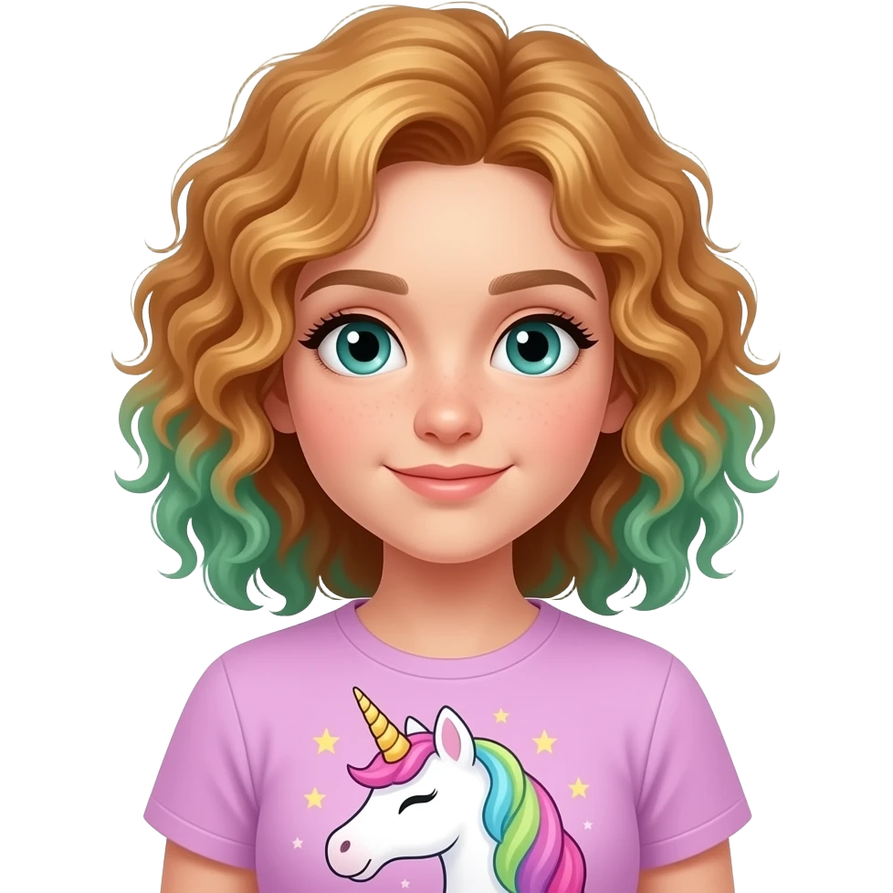 a 13 year old girl with golden redish green highlights curly hair unicorn shirt emoji