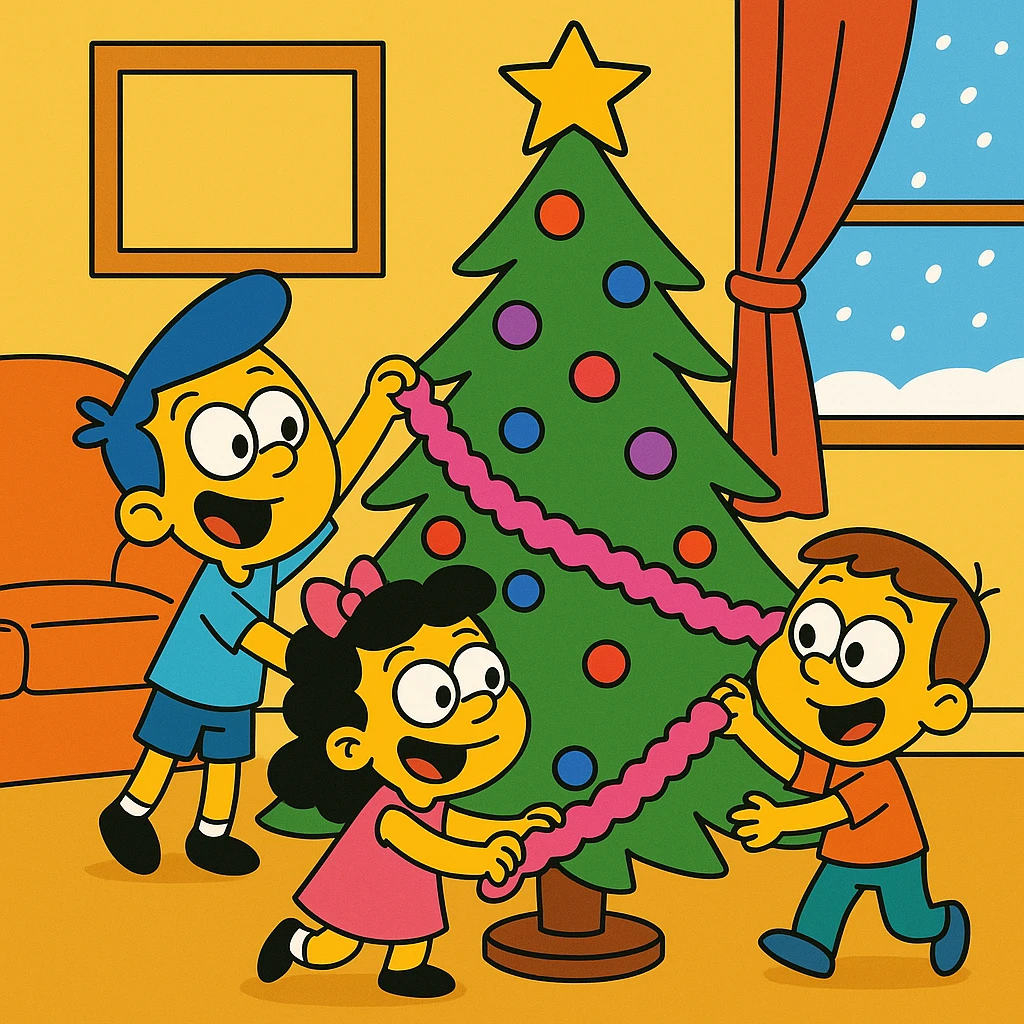 little children decorating a Christmas tree in the living room with tinsel. It's snowing outside the window emoji
