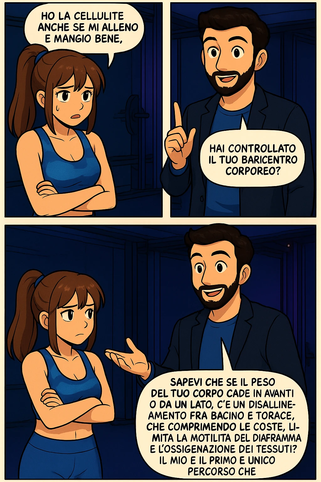PRENDI SPUNTO DA QUESTO STILE FACENDO UN WEBTOON/MANGA:

LEI (DONNA): Ho la cellulite anche se mi alleno e mangio bene, cosa posso fare?

LUI (UOMO): Hai controllato il tuo baricentro corporeo?
LUI (UOMO): Sapevi che se il peso del tuo corpo cade in avanti o da un lato, c’è un disallineamento fra bacino e torace, che comprimendo le coste, limita la motilità del diaframma e l’ossigenazione dei tessuti?
LUI (UOMO): Il mio è il primo e unico percorso che lavora sugli inestetismi con un lavoro mirato sul baricentro corporeo. emoji