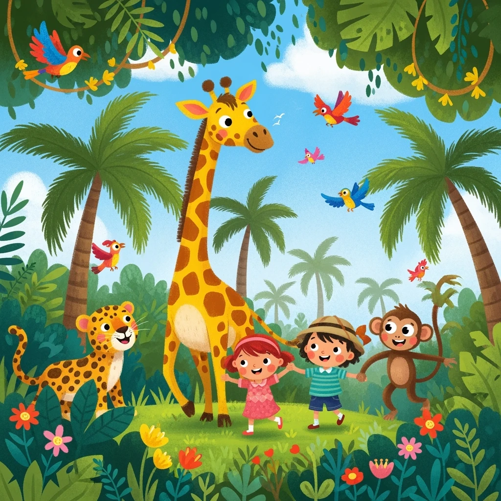 digital illustration of jungle safari in the style of children's illustration emoji