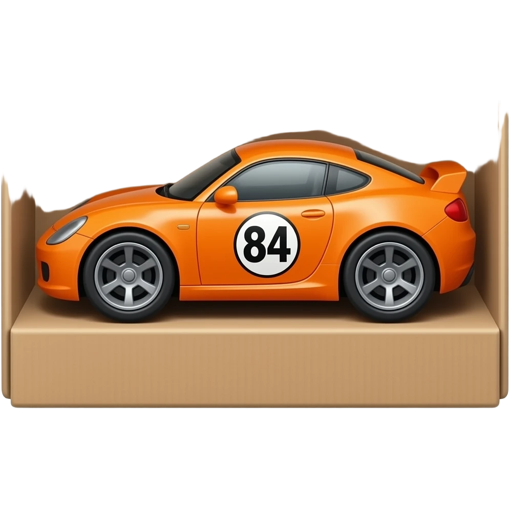Toy orange race car with a 84, in a package emoji