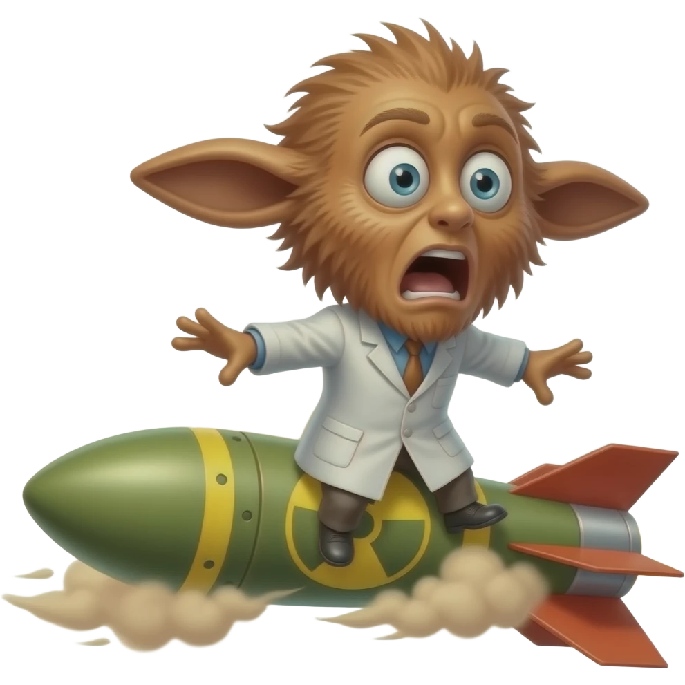 мартишка науковець летить на ядерній ракеті, ледь не вилітаючи з неї, шерсть розвивається вітром, вона в шоці, кричить emoji