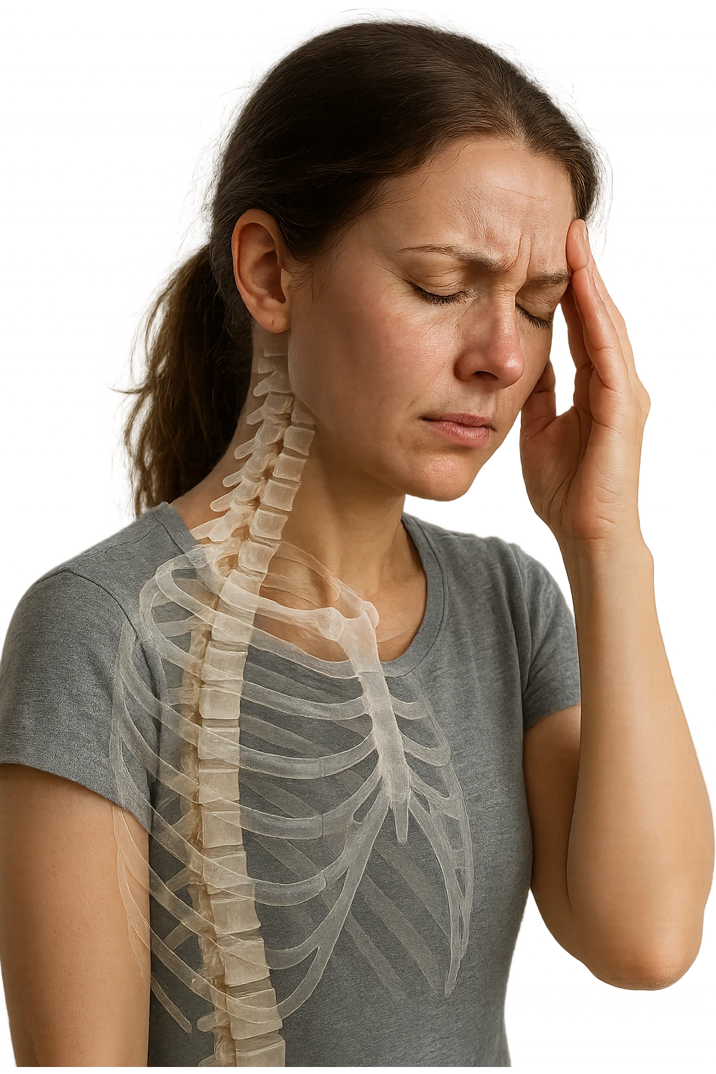 donna stanca che si tiene una mano sulla tempia con spina dorsale anatomica visibile, iperrealistico 4k emoji
