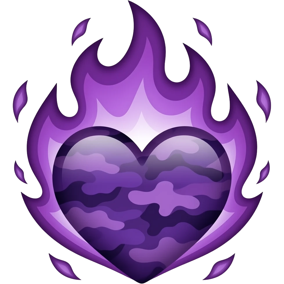 Dark purple camouflage heart with dark purple flames emoji