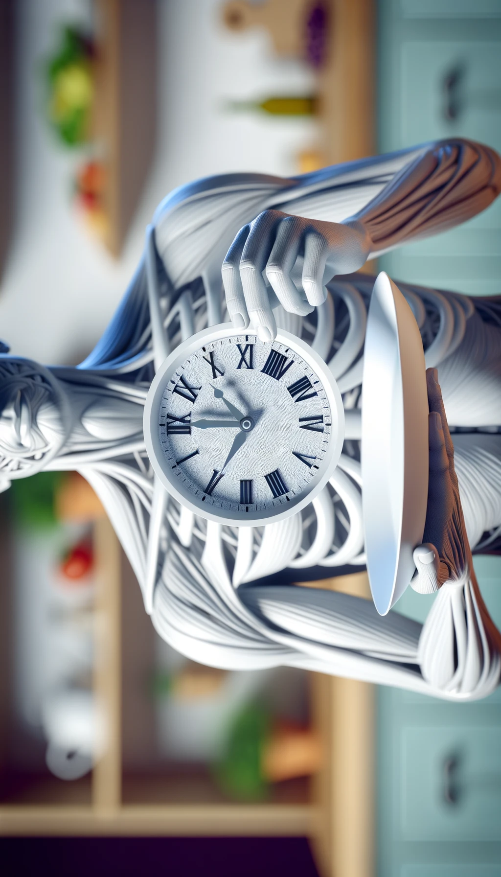 corpo umano anatomico, che tiene in mano un piatto bianco con la lancette di un orologio sopra, figura visibile fino ai fianchi, espressione del volto soddisfatta, sullo sfondo la sua cucina sfocata, iperrealistico 4k emoji