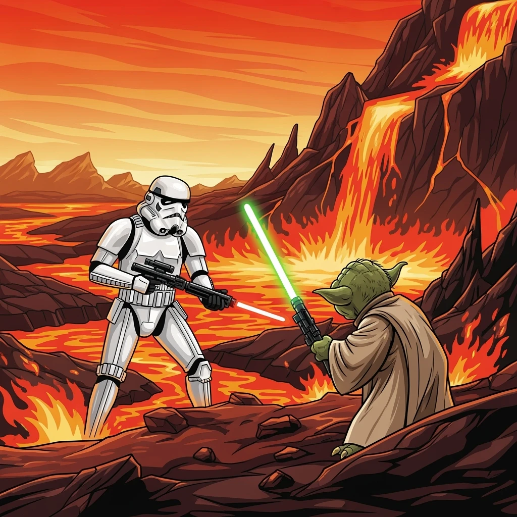 vector art of a Starwars stormtroopers is walking on lava planet with yoda, battleground background 
 emoji