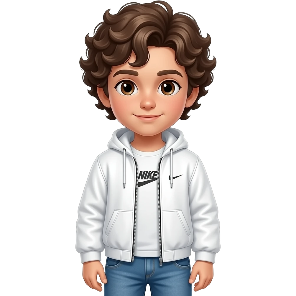 Un niño que tenga el pelo marron i rizado ojos marrones un pantalon tejano azul flojo i una chaquet nike blancaa emoji