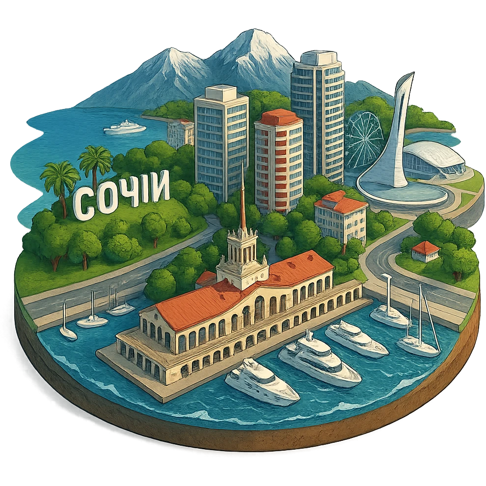 Изометричная, яркая, детализированная и фотореалистичная иллюстрация панорамы города Cочи на круглой подставке в стиле 3D-коллажей городов, чёткие линии, слегка мультяшная стилистика, прозрачный фон, не обрезать края картинки emoji