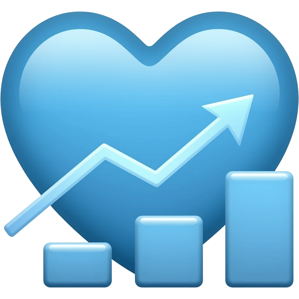 a Little  blue heart next to a small growing chart in the form of an arrow emoji