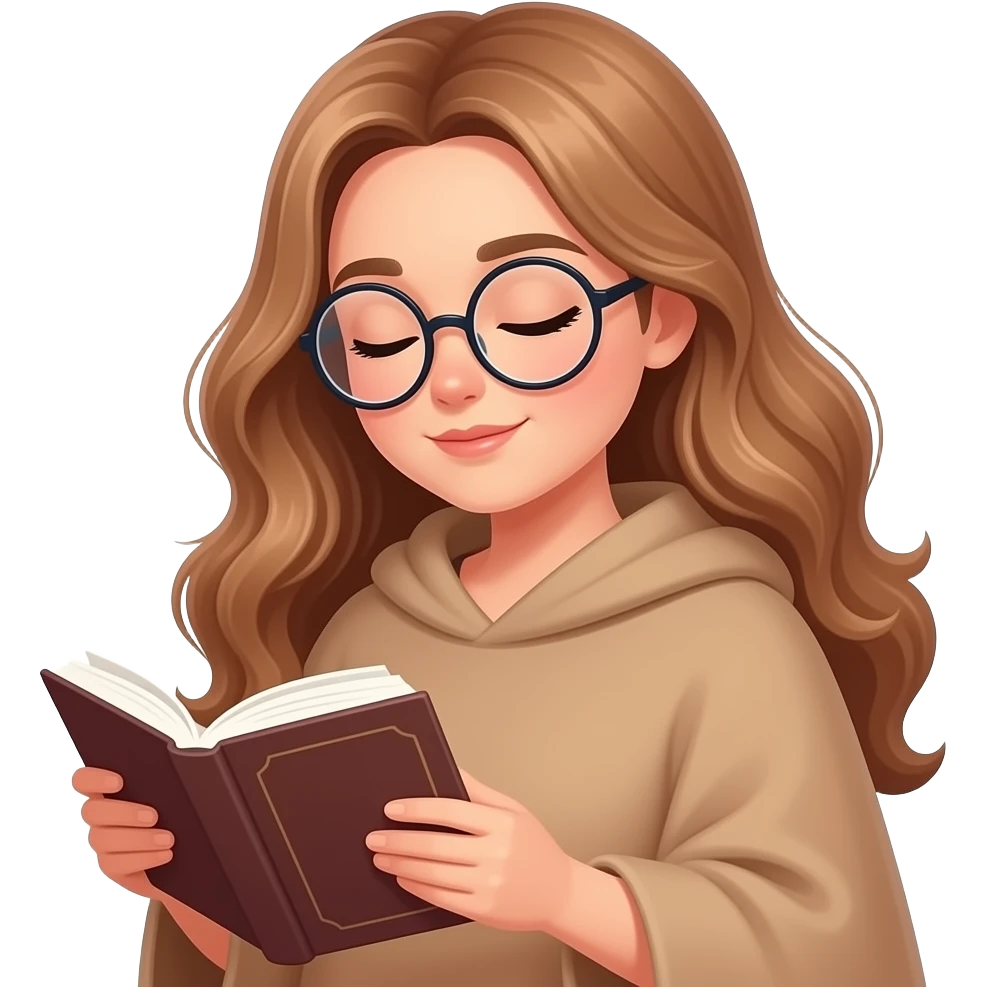 detailed emoji illustration of a curvy woman with long light brown wavy hair, light brown eyes and round glasses wearing a light brown poncho, reading a book while looking sleepy, late night reading vibe, cozy atmosphere, cute emoji style emoji