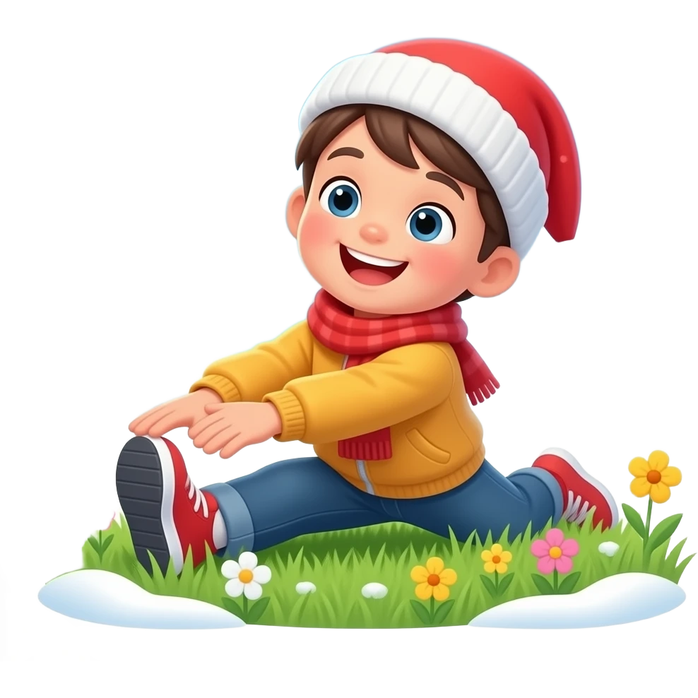 "Create a bright emoji-style illustration of a happy child full of energy after winter, stretching and smiling. Add spring elements like grass, flowers, sunshine, and subtle melting snow. Keep it colorful, simple, and motivating." emoji