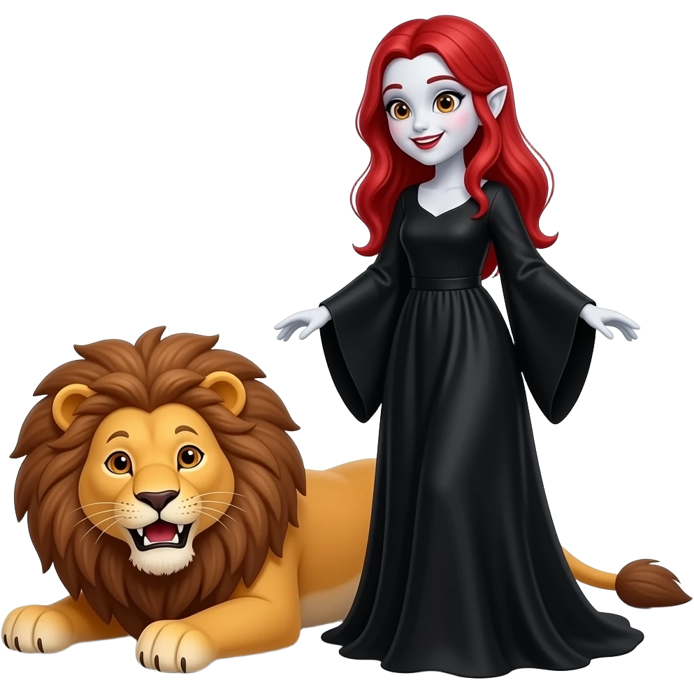Vampiro femmina adolescente con la pelle bianca e i capelli rossi che indossa un vestito lungo nero e le maniche larghe e guarda il suo leone CUCCIOLO  che si rotola per terra ed è felice emoji