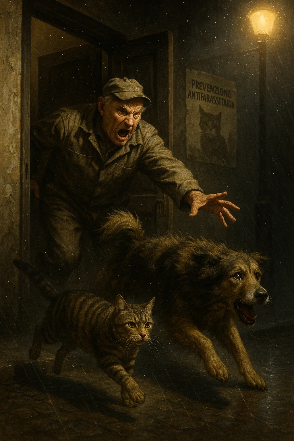 Un uomo anziano in tuta da lavoro, con espressione arrabbiata, butta fuori i suoi animali con aperta la porta di casa mentre il suo cane (un meticcio a pelo lungo) e il gatto (soriano) scappano nella strada buia sotto la pioggia. Particelle di polvere/pulci fluttuano nell'aria illuminata dal lampione. Sullo sfondo, un poster strappato del veterinario con scritto 'Prevenzione antiparassitaria'. Stile fotorealistico, illuminazione Caravaggesca, toni grigi e ocra. in italiano emoji