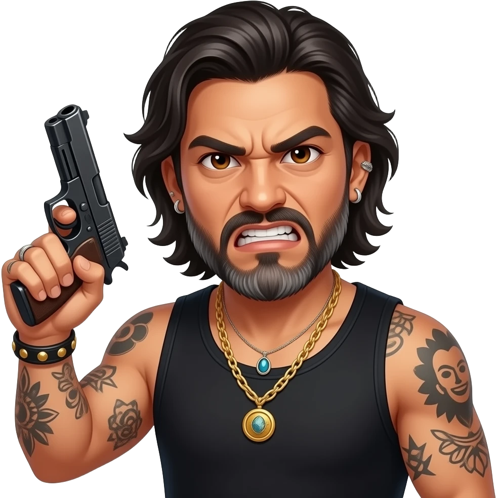 The handsome manly Latino podcast host with medium length hair, a long slightly graying beard and tattoos with his ears pierced 1 time each ear and a nose ring on the right side, dark brown eyes, jewelry, holding a pistol, angry AF emoji