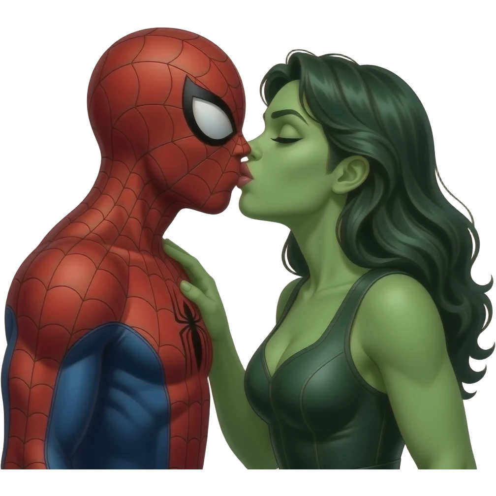 Spider man and hulk woman kiss kiss creepy, batman side view behind her like a train . bust size view emoji