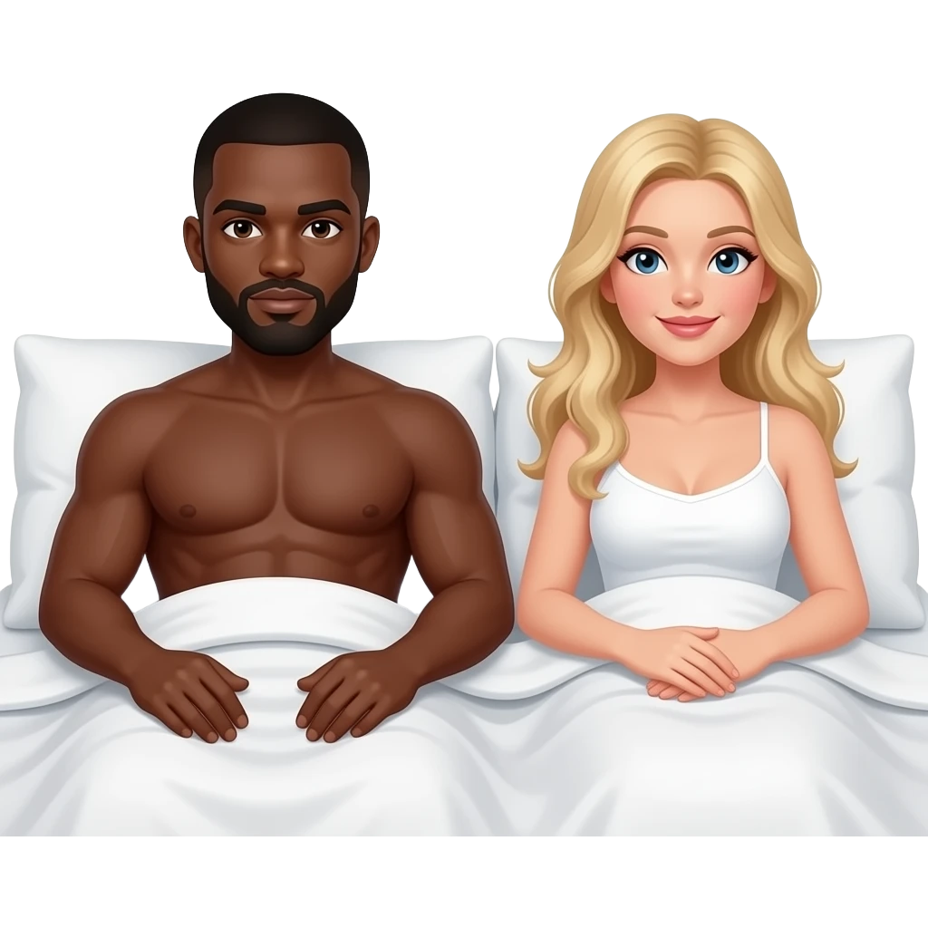 Sexy time in bed black man with shaved head and blonde woman emoji