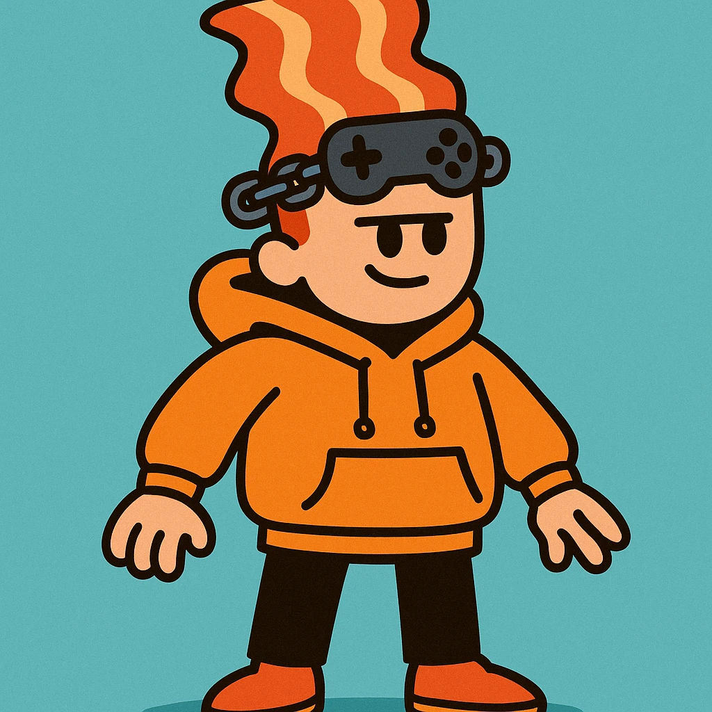 person with bacon hair, very small head, orange hoodie, black trousers, orange shoes, gamer chain around head, vibrant cartoon style emoji