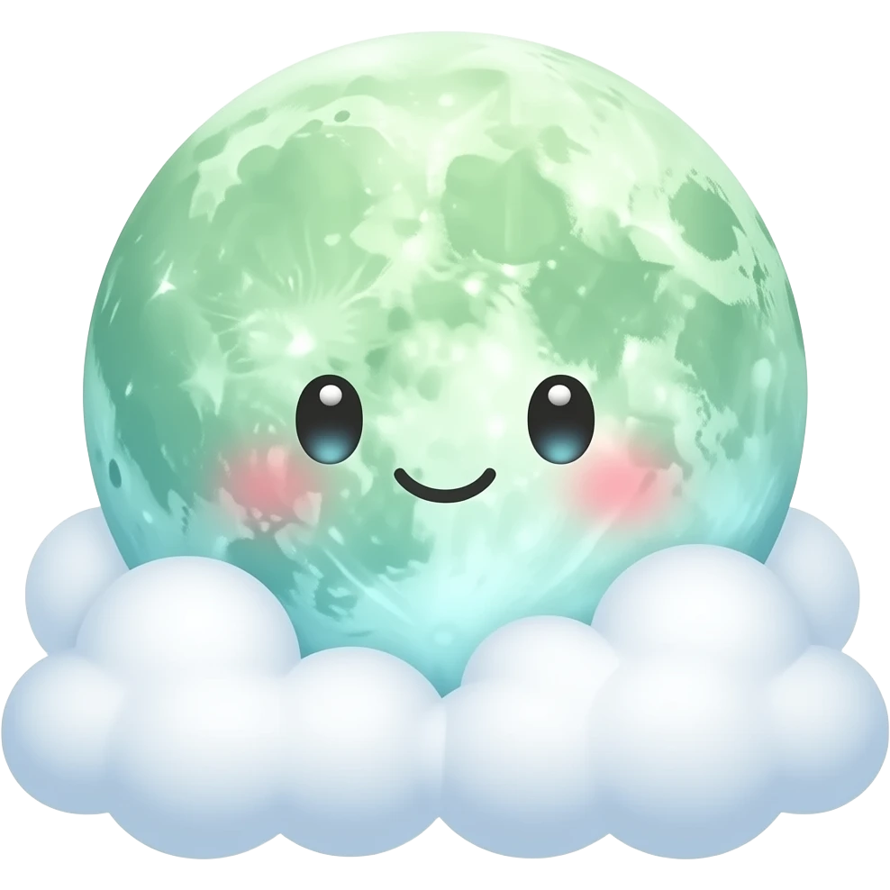 Pastel kawaii moon emoji, same design as reference, magical sparkly texture, recolor to mint and emerald green gradient, white fluffy clouds, transparent background. emoji