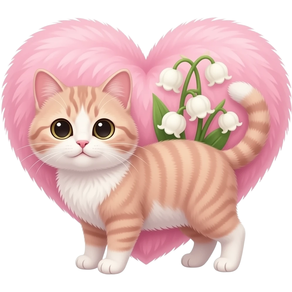 1er mai fête  du muguet, douceur, bonheur avec petit chaton angora en forme de coeur, couleur rose, coeur couleur uni sans poil emoji