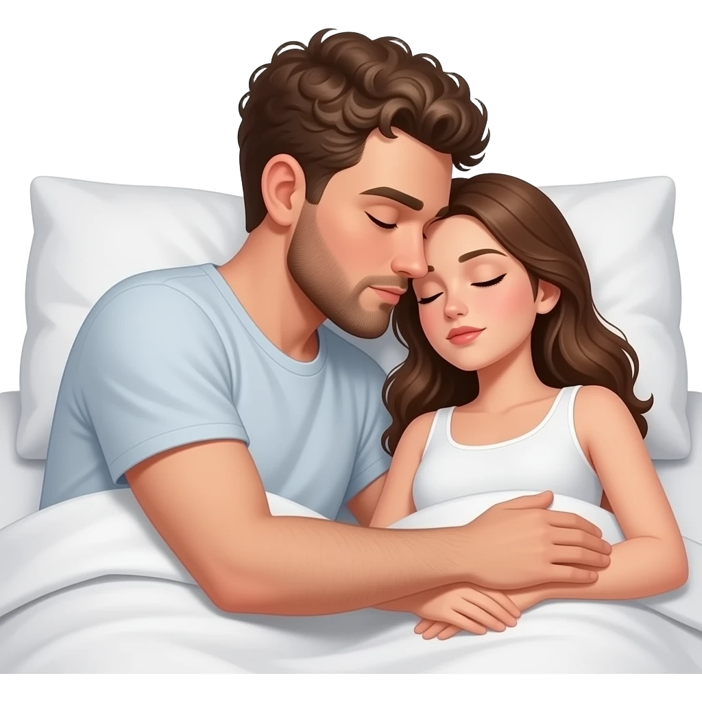 Realistic white man brown super short curly hair with beard high nose bridge kissing while sleeping in bed realistic white girl brown hair emoji