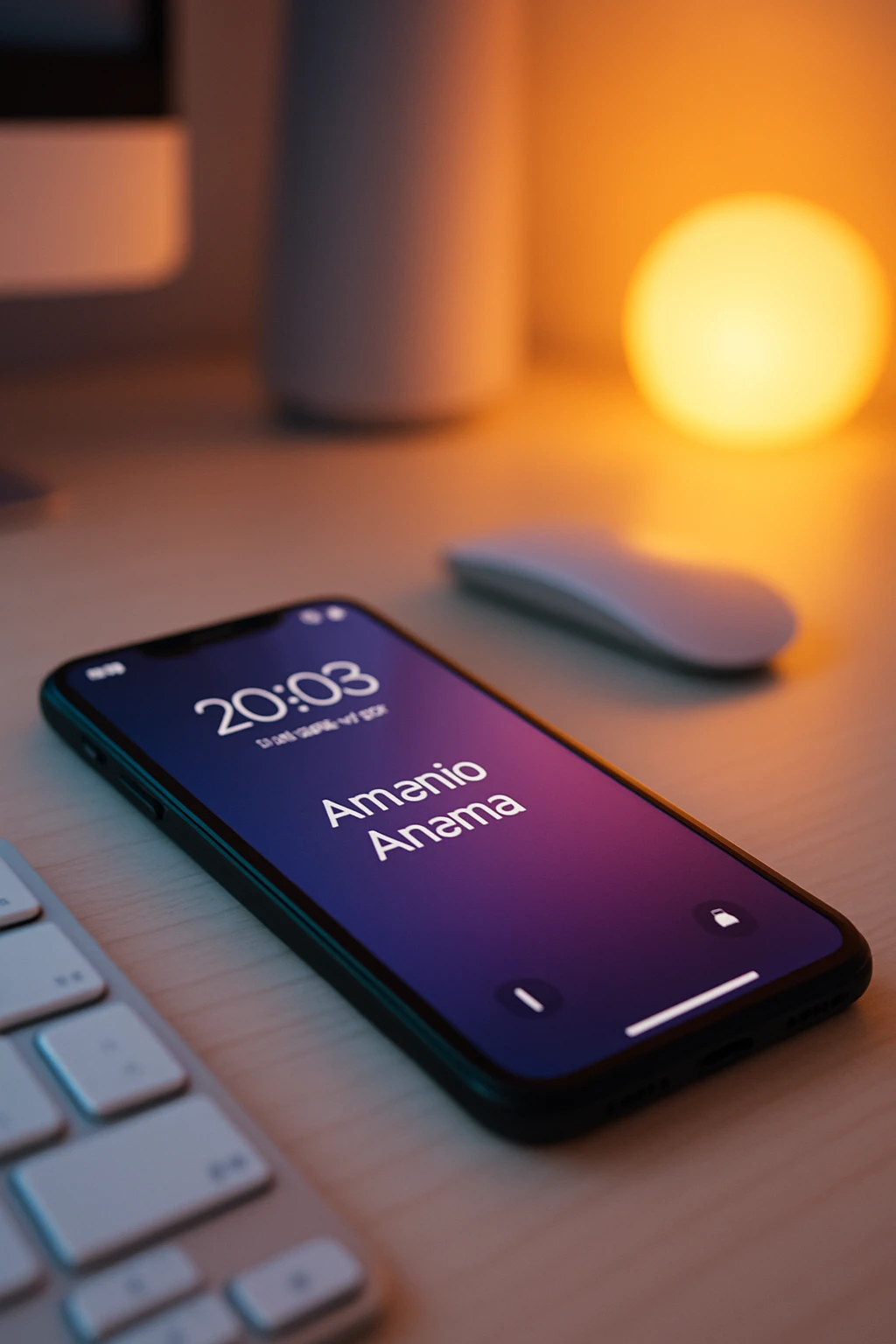 A photo of an iPhone on the desk with the message "Antonio Anania" on its screen, The phone sits atop a desk with a blurred background that suggests work environment. A faint glow from above casts gentle shadows across the surface of each object, creating depth and highlighting their textures emoji