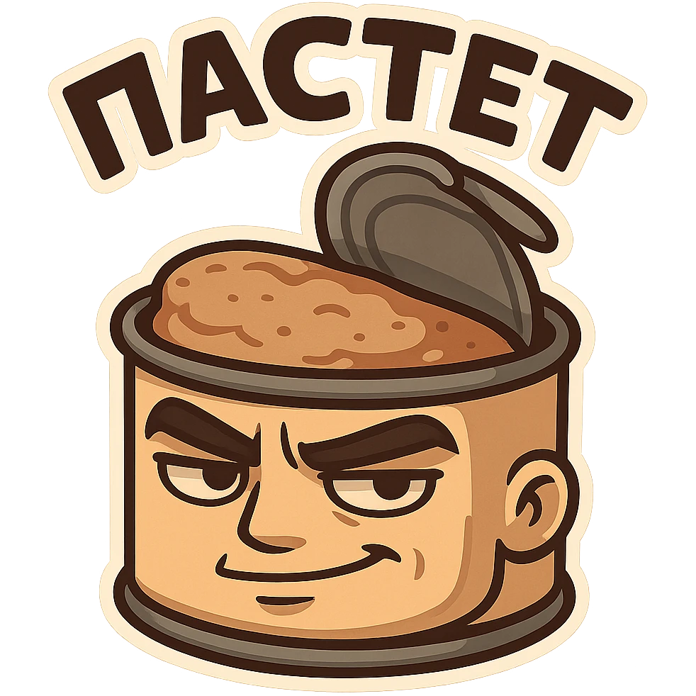 Chibi style open pâté tin can with visible pâté inside, masculine vibe, confident tough expression, half-smile smirk, thick eyebrows, slightly narrowed eyes, calm dominant energy, cartoon but not babyish, strong simple shapes, thick bold outline, muted colors (beige, brown, dark gray), flat illustration, no background, Twitch emote style, readable at small size, text on top saying "ПАСТЕТ" in bold strong Cyrillic letters emoji