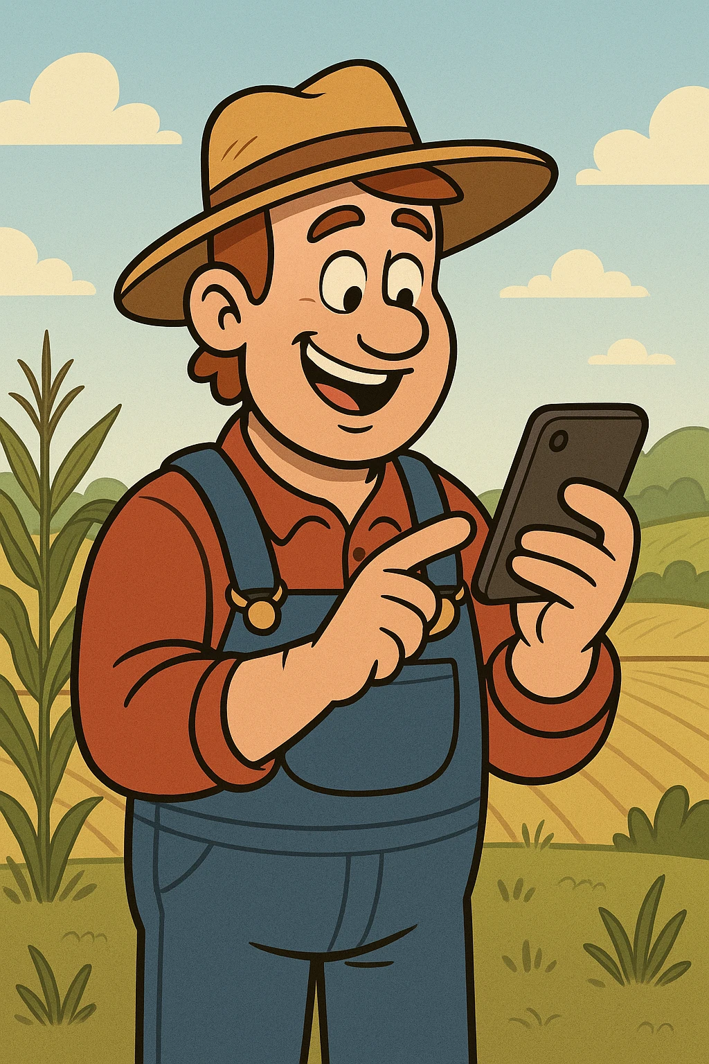 A cheerful farmer in overalls using a smartphone, standing in a field, cartoon style. emoji