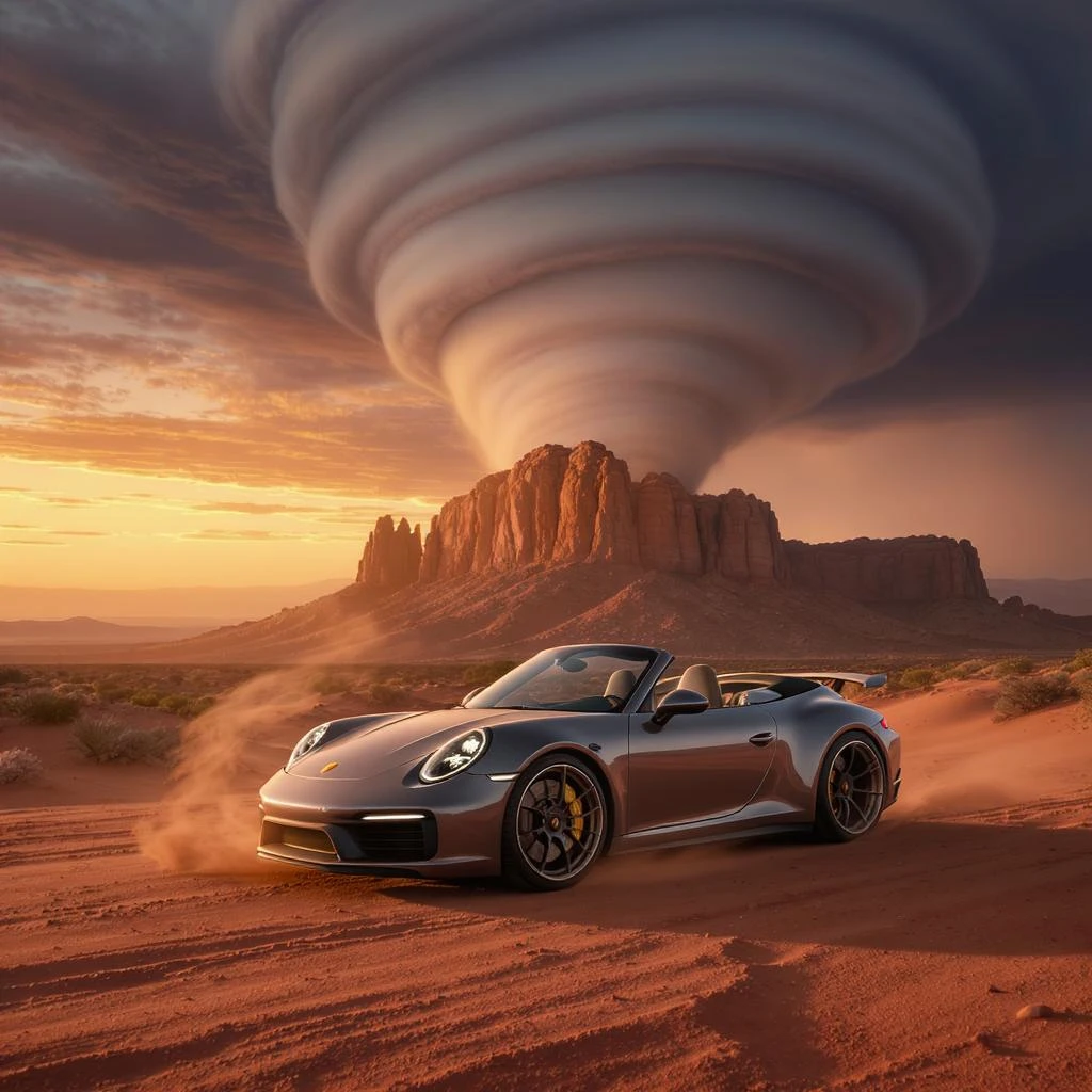 Cinematic still of a A modern desert mountain, wallpaper, modern, porsche 911, sunset, arizona desert, tornado in background emoji