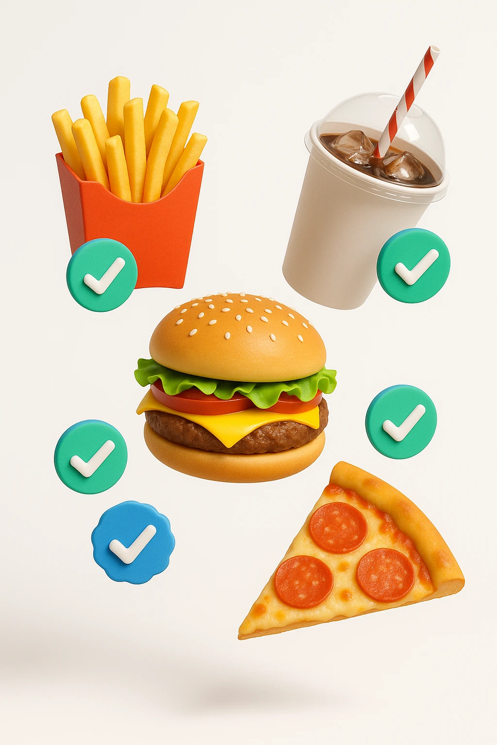 fast food fluttua in aria insieme a spunte di verificato in 3d, sfondo bianco emoji