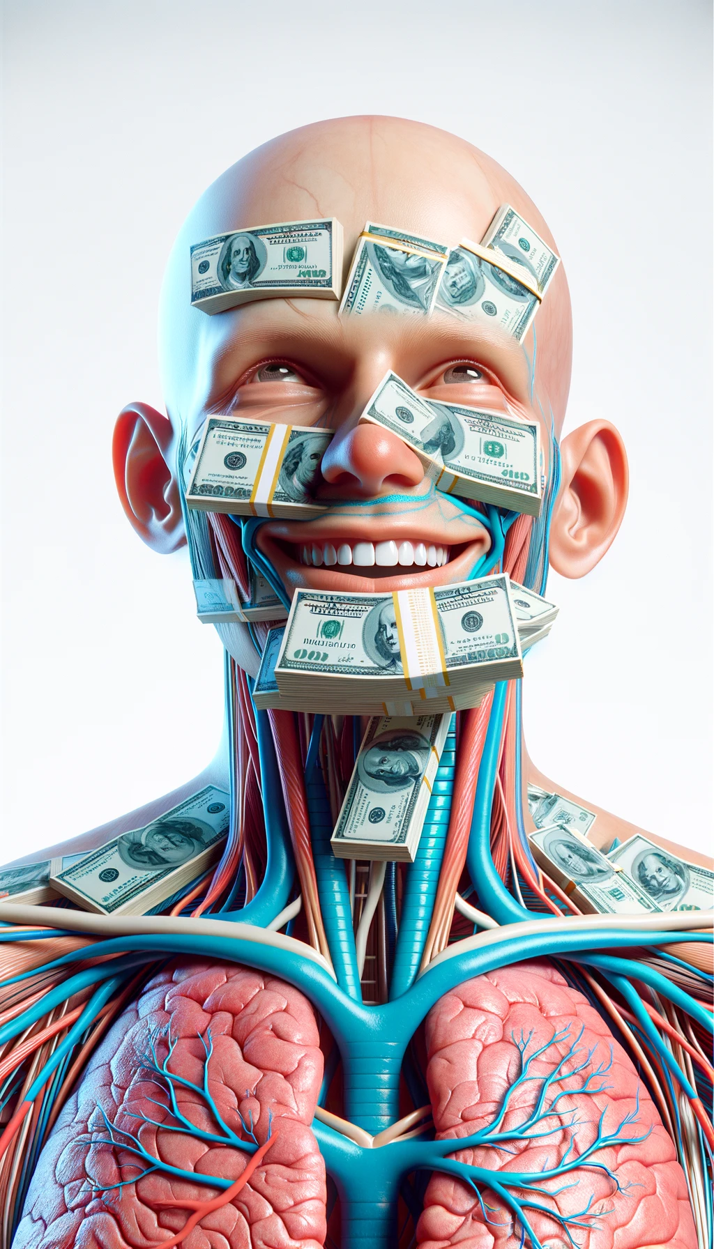 corpo umano anatomico sereno e felice con una montagna di banconote davanti al viso, espressione stupita, iperrealistica 4k, isolato su sfondo bianco emoji