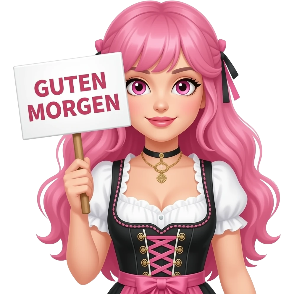 sexy girl with long pink hair and pink eyes wearing a dirndl holding a GUTEN MORGEN sign emoji