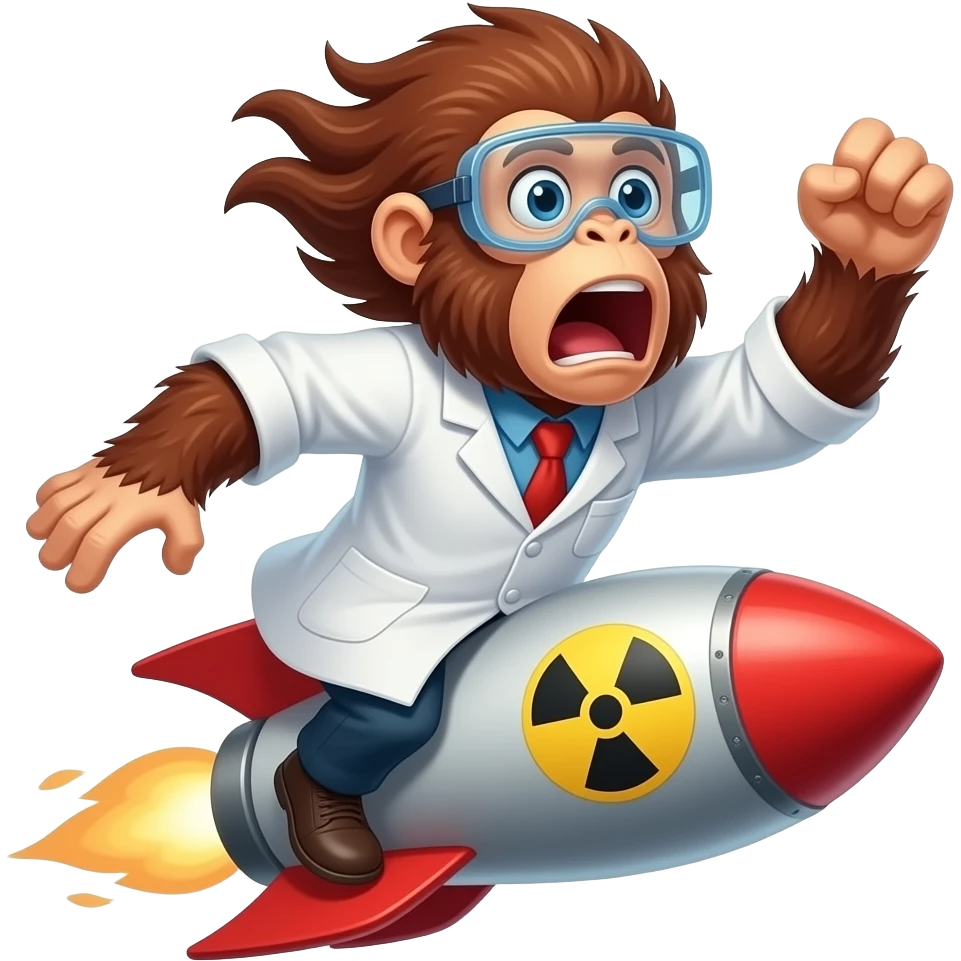 орангутанг науковець летить на ядерній ракеті, ледь не вилітаючи з неї, шерсть розвивається вітром, вона в шоці, кричить emoji