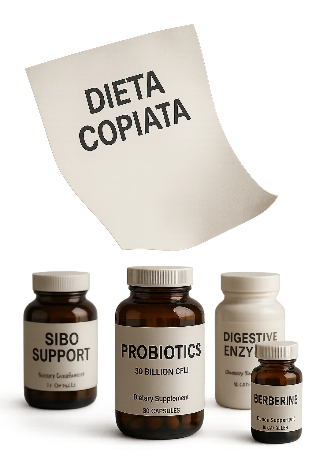 FOGLIO DI CARTA FLUTTUA IN ARIA CON LA SCRITTA "DIETA COPIATA", INSIEME A BARATTOLI DI INTEGRATORI PER CURARE IL SIBO, IPERREALISTICO 4K, NON DISEGNATO emoji