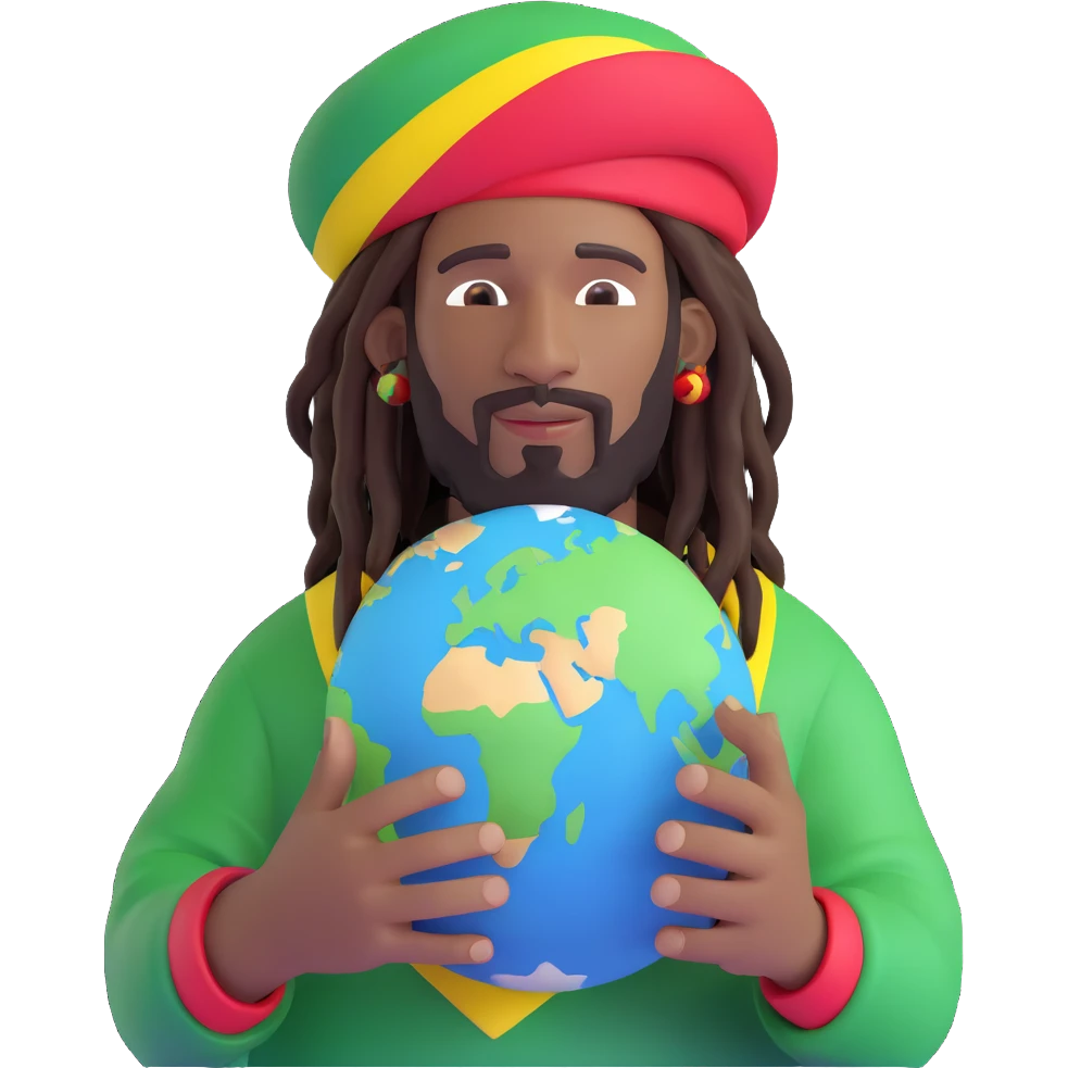 A rasta man bigging up di whole world 🌍🔥🤲🏾, reggae vibes 🎶, love and unity ✨💛💚❤️, every nation stand strong 🇯🇲 holding a the world in his hand emoji