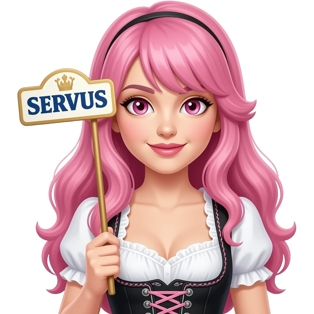 sexy girl with long pink hair and pink eyes wearing a dirndl holding a SERVUS sign emoji