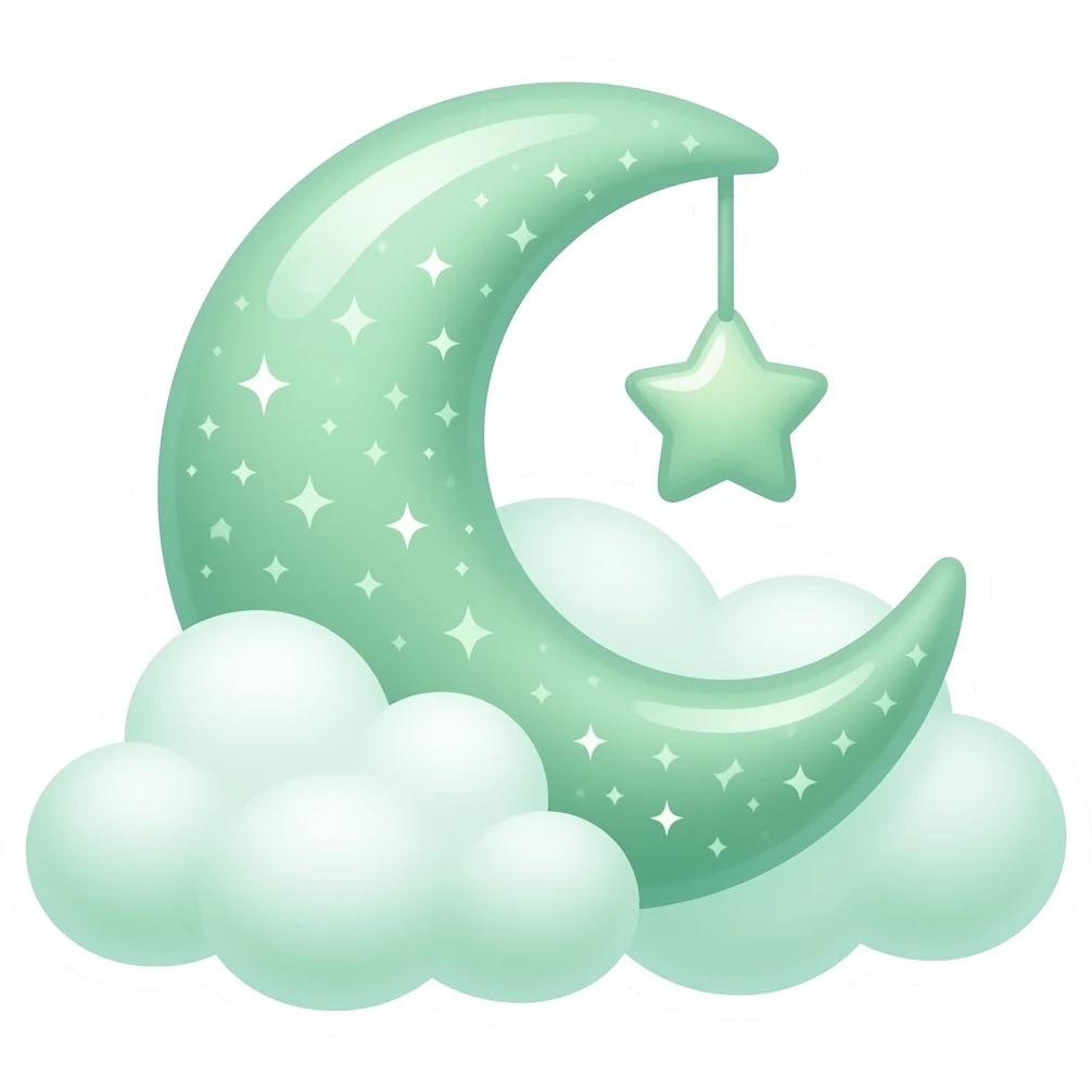 Cute pastel green crescent moon emoji, same shape as reference. Keep original sparkly magical pattern and small hanging star. Recolor moon to soft gradient green shades (mint, sage, emerald). Clouds fluffy and mostly white with slight green tint. Glossy kawaii sticker, transparent background. emoji