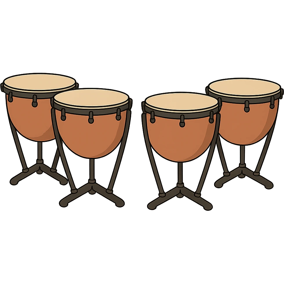 Cartoon style depiction of exactly four timpani drums, no player, all drums brown, with no background, isolated on transparent background. emoji