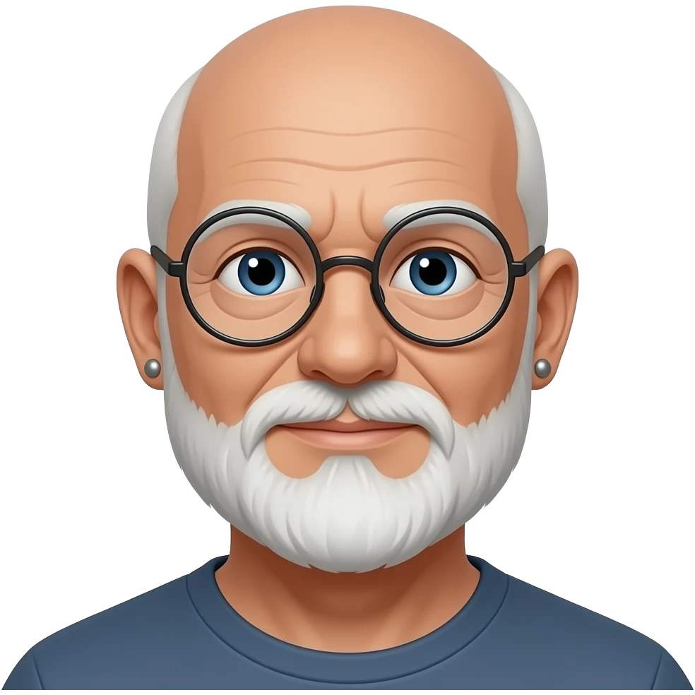 58 years old, white, bald, white beard and round glasses, 2 ear rings emoji