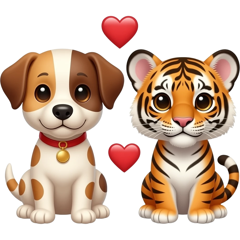 puppy dog and tiger cub with small overlapping love hearts  in between emoji