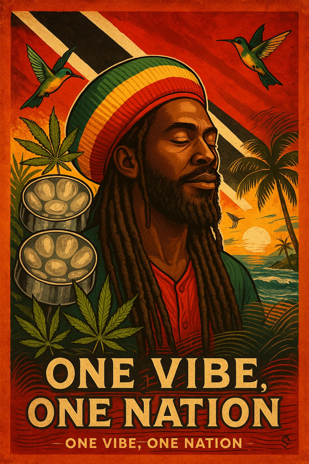 Create a vibrant digital illustration in vintage poster style featuring a proud Trinidadian Rasta man with long dreadlocks and a bold red, gold, and green tam. The background should incorporate the Trinidad and Tobago flag in a stylized, textured way — using deep red, black, and white tones that blend with tropical elements. Surround the figure with iconic cultural symbols like steelpan drums, ganja leaves, and hummingbirds in flight. Add warm Caribbean sunlight, ocean waves, and lush greenery to enhance the island energy. The Rasta man should radiate peace, power, and island wisdom — with bold facial features, calm expression, and a sense of spiritual presence. The overall tone should be rootsy, regal, and rich with island soul — merging reggae culture with Trinidadian pride. Optional accents: subtle soca rhythm lines in the background or a quote like “One Vibe, One Nation.” emoji