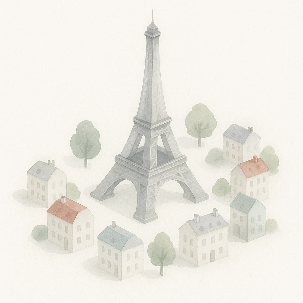 Isometric illustration of Paris, featuring the photorealistic Eiffel Tower surrounded by small Parisian buildings and trees, highly detailed in semi-realistic style emoji