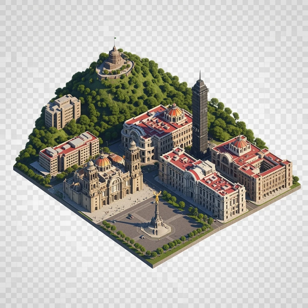 Isometric diorama of Mexico City iconic landmarks: Zócalo square with Metropolitan Cathedral, Palacio de Bellas Artes, Torre Latinoamericana, Chapultepec Castle, and Angel of Independence, atmosphere of the city 3D miniature effect and Tilt Shift effect, no cartoonish look, transparent background. emoji