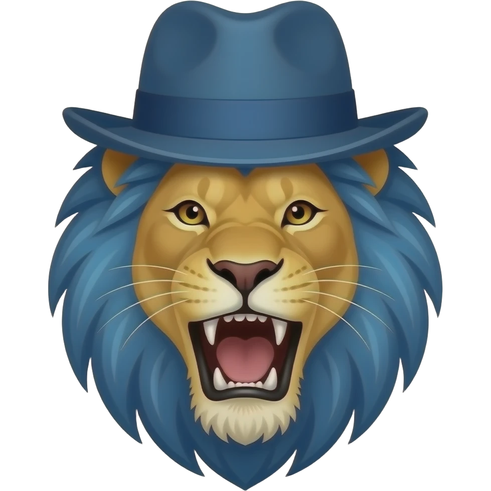 roaring lion face with blue mane and hat emoji