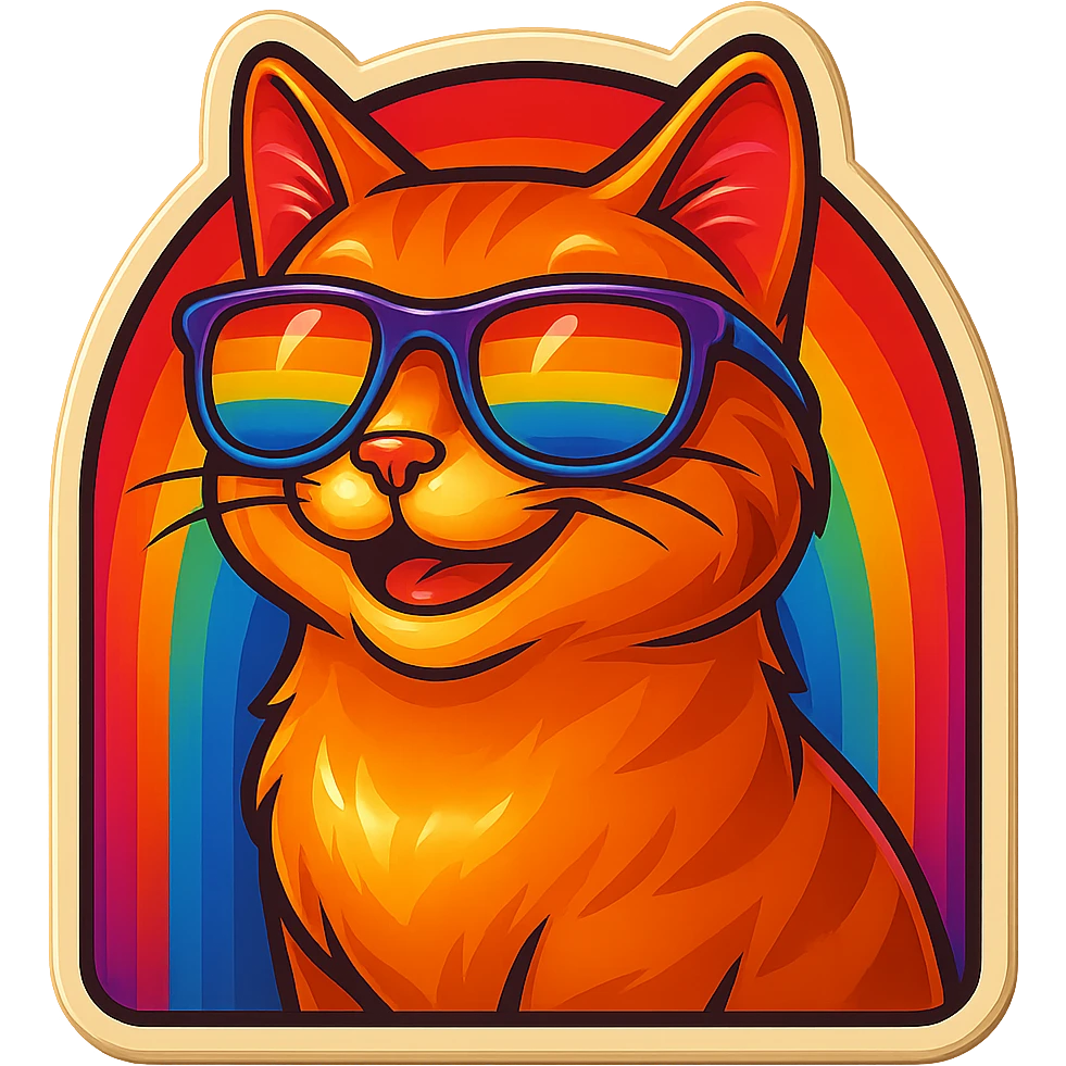 Make the cat smile, keep the same retro stickers aesthetic, rainbow sunglasses, and vibrant colorful background. emoji