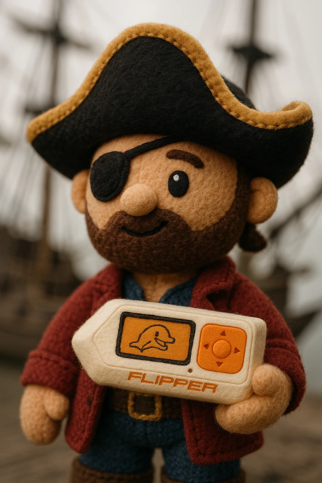 plush portrait of a pirate character holding a Flipper Zero device, soft toy style, detailed pirate hat, eye patch, and plush Flipper Zero in hand emoji