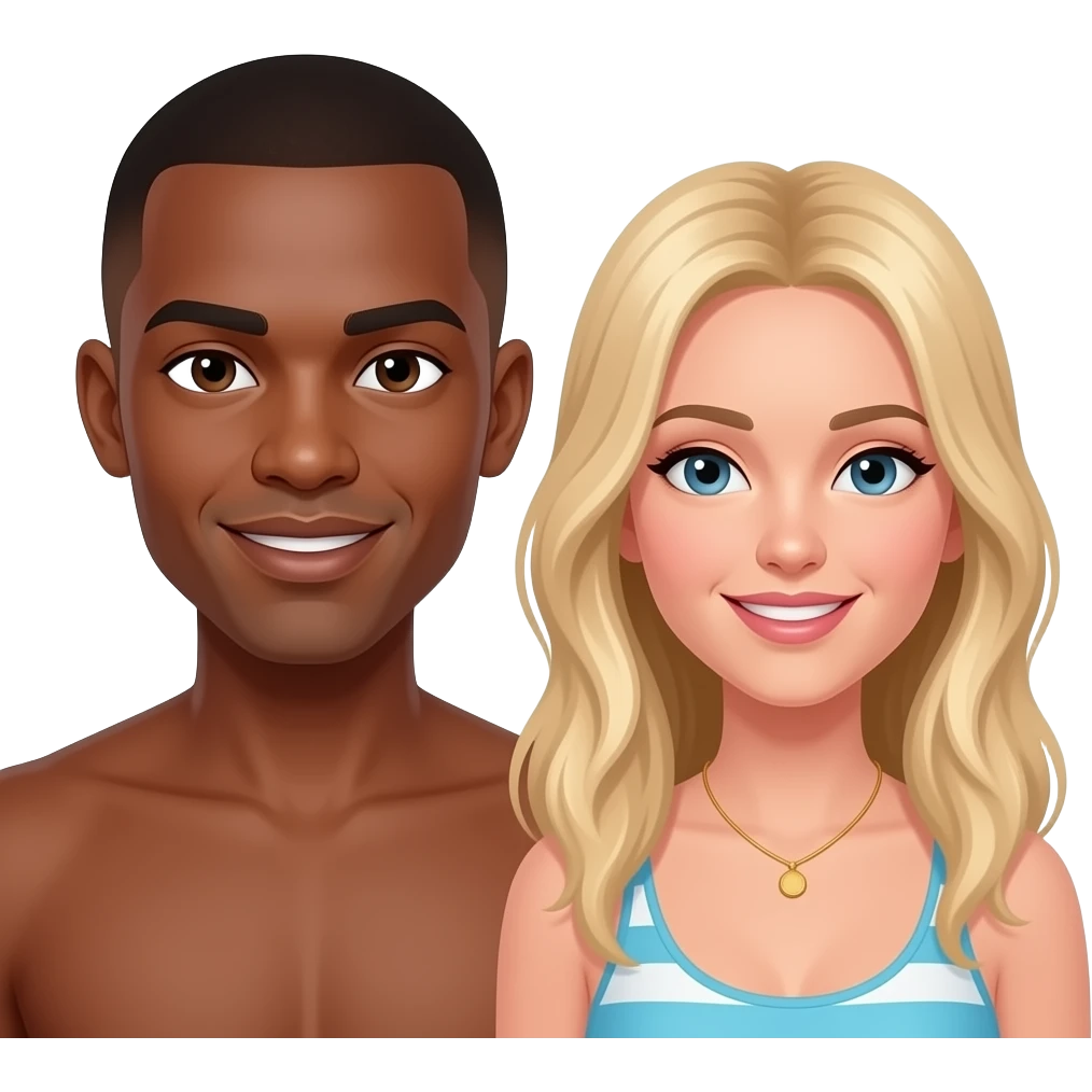 Black man with shaved head at the beach with blonde woman emoji